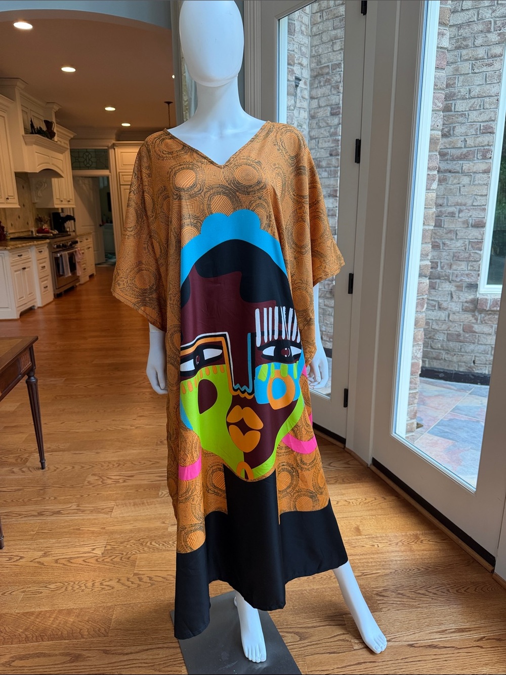 Bold Graphic Orange and Black V-Neck Maxi Dress